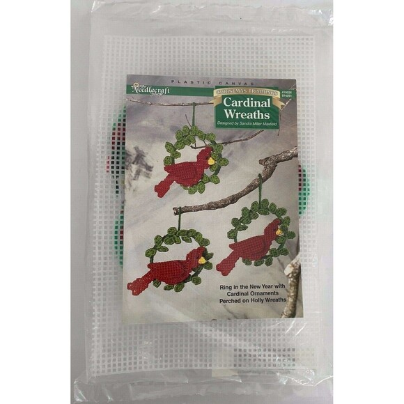 The Needlecraft Shop Christmas Cardinal Wreaths Ornaments Plastic Canvas Kit NEW - Picture 2 of 3
